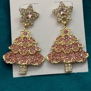 Pink Crystal Christmas Tree Drop Earrings Women Jewelry NEW
